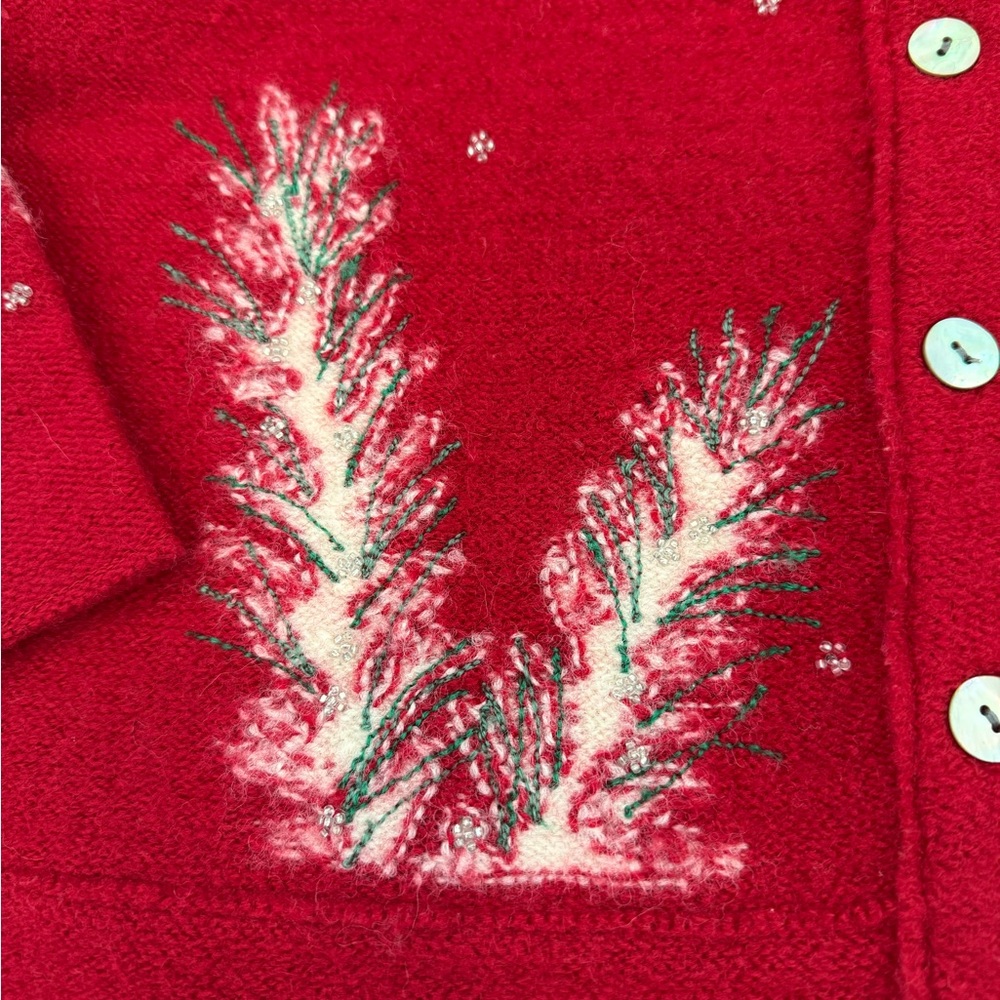 VTG Susan Bristol Wool Sweater Cardigan Medium Red Floral Beaded Cottage Granny - Picture 2 of 9